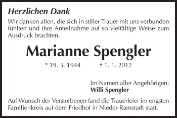 Traueranzeige von Marianne Spengler von Darmstädter Echo, Odenwälder Echo, Rüsselsheimer Echo, Groß-Gerauer-Echo, Ried Echo