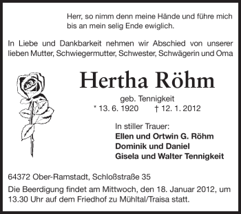 Traueranzeige von Hertha Röhm von Echo-Zeitungen (Gesamtausgabe)
