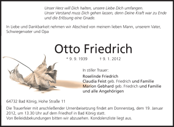 Traueranzeige von Otto Friedrich von Odenwälder Echo