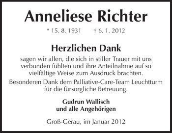 Traueranzeige von Anneliese Richter  von Rüsselsheimer Echo, Groß-Gerauer-Echo, Ried Echo