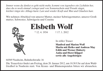 Traueranzeige von Elsbeth Wolf von Rüsselsheimer Echo, Groß-Gerauer-Echo, Ried Echo