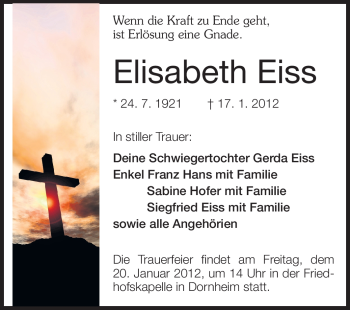 Traueranzeige von Elisabeth Eiss von Rüsselsheimer Echo, Groß-Gerauer-Echo, Ried Echo