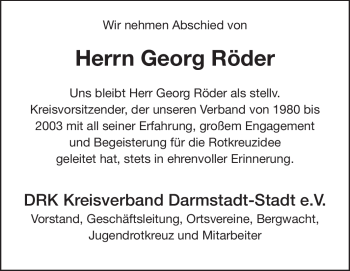 Traueranzeige von Georg Röder von Echo-Zeitungen (Gesamtausgabe)