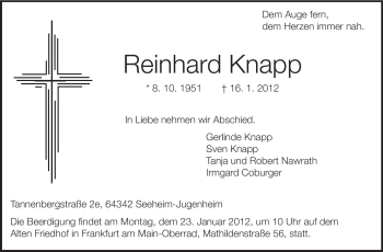 Traueranzeige von Reinhard Knapp von Echo-Zeitungen (Gesamtausgabe)