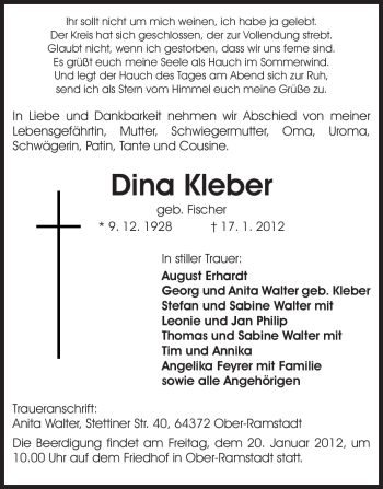 Traueranzeige von Dina Kleber von Echo-Zeitungen (Gesamtausgabe)