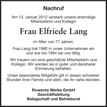 Traueranzeige von Elfriede Lang von Odenwälder Echo