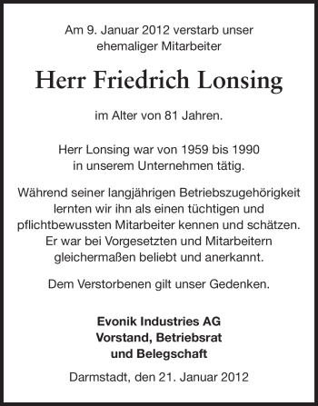Traueranzeige von Friedrich Lonsing von Echo-Zeitungen (Gesamtausgabe)