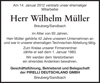 Traueranzeige von Wilhelm Müller von Odenwälder Echo