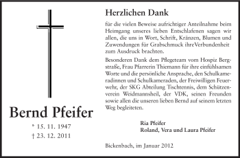 Traueranzeige von Bernd Pfeifer von Echo-Zeitungen (Gesamtausgabe)