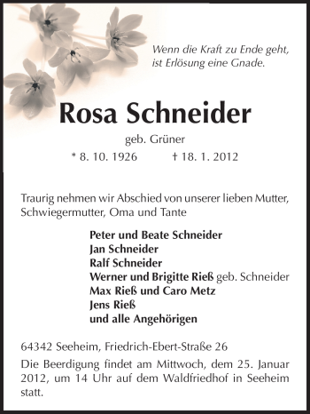 Traueranzeige von Rosa Schneider von Echo-Zeitungen (Gesamtausgabe)