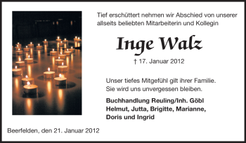 Traueranzeige von Inge Walz von Odenwälder Echo