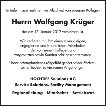 Traueranzeige von Wolfgang Krüger von Echo-Zeitungen (Gesamtausgabe)