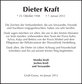 Traueranzeige von Dieter Kraft von Rüsselsheimer Echo, Groß-Gerauer-Echo, Ried Echo