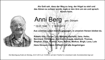 Traueranzeige von Anni Berg von Starkenburger Echo