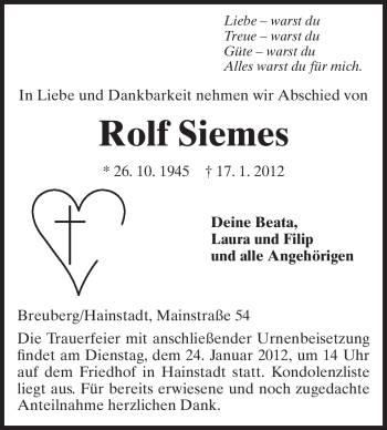 Traueranzeige von Rolf Siemes von Odenwälder Echo