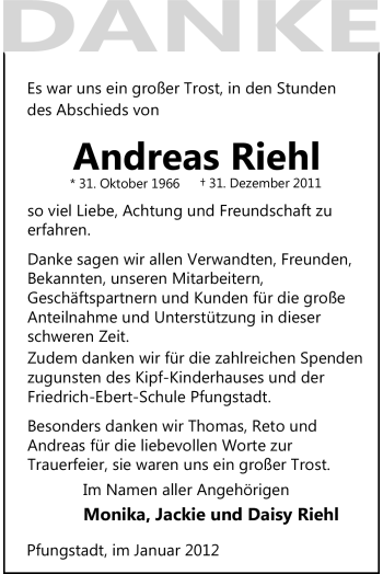 Traueranzeige von Andreas Riehl von Echo-Zeitungen (Gesamtausgabe)