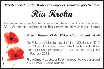 Traueranzeige von Ria Krohn von Echo-Zeitungen (Gesamtausgabe)
