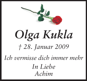 Traueranzeige von Olga Kukla von Echo-Zeitungen (Gesamtausgabe)