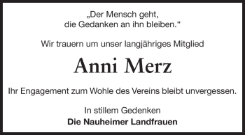Traueranzeige von Annie Merz von Rüsselsheimer Echo, Groß-Gerauer-Echo, Ried Echo