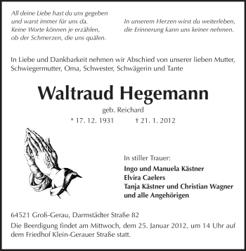 Traueranzeige von Waltraud Hegemann von Rüsselsheimer Echo, Groß-Gerauer-Echo, Ried Echo