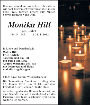 Traueranzeige von Monika Hill von Rüsselsheimer Echo, Groß-Gerauer-Echo, Ried Echo