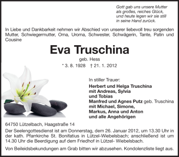 Traueranzeige von Eva Truschina von Odenwälder Echo