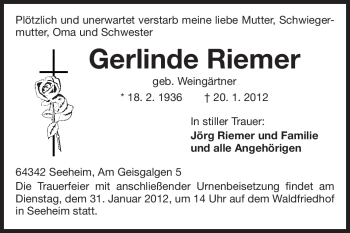 Traueranzeige von Gerlinde Riemer von Echo-Zeitungen (Gesamtausgabe)