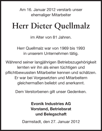 Traueranzeige von Dieter Quellmalz von Echo-Zeitungen (Gesamtausgabe)