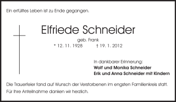 Traueranzeige von Elfriede Schneider von Echo-Zeitungen (Gesamtausgabe)