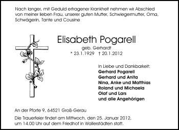 Traueranzeige von Elisabeth Pogarell von Rüsselsheimer Echo, Groß-Gerauer-Echo, Ried Echo