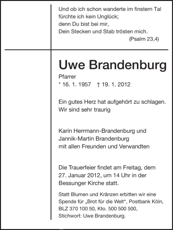 Traueranzeige von Uwe Brandenburg von Echo-Zeitungen (Gesamtausgabe)