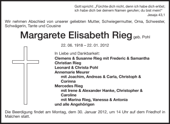 Traueranzeige von Margarete Elisabeth Rieg von Echo-Zeitungen (Gesamtausgabe)