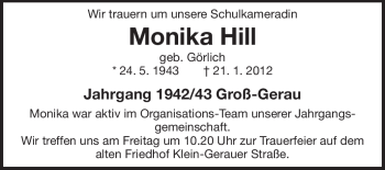 Traueranzeige von Monika Hill von Rüsselsheimer Echo, Groß-Gerauer-Echo, Ried Echo