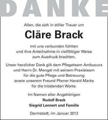 Traueranzeige von Cläre Brack von Echo-Zeitungen (Gesamtausgabe)