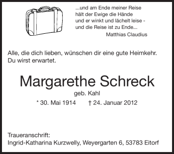 Traueranzeige von Margarethe Schreck von Darmstädter Echo, Odenwälder Echo, Rüsselsheimer Echo, Groß-Gerauer-Echo, Ried Echo