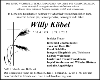 Traueranzeige von Willy Köbel von Odenwälder Echo