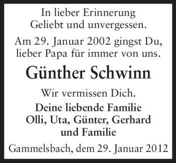 Traueranzeige von Günther Schwinn von Odenwälder Echo