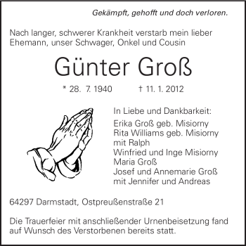 Traueranzeige von Günter Groß von Echo-Zeitungen (Gesamtausgabe)