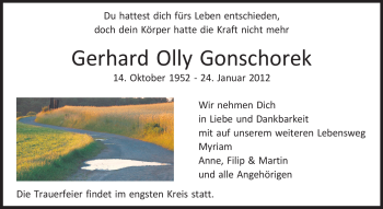 Traueranzeige von Gerhard Olly Gonschorek von Echo-Zeitungen (Gesamtausgabe)