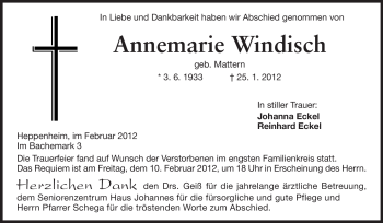 Traueranzeige von Annemarie Windisch von Starkenburger Echo