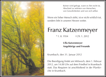 Traueranzeige von Franz Katzenmeyer von Starkenburger Echo