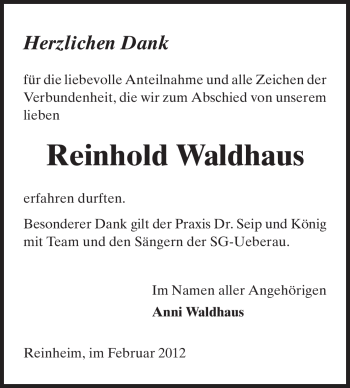Traueranzeige von Reinhold Waldhaus von Darmstädter Echo, Odenwälder Echo, Rüsselsheimer Echo, Groß-Gerauer-Echo, Ried Echo