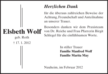 Traueranzeige von Elsbeth Wolf von Rüsselsheimer Echo, Groß-Gerauer-Echo, Ried Echo