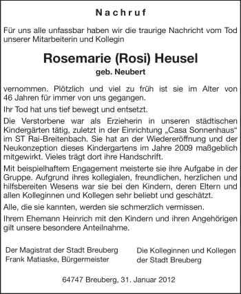 Traueranzeige von Rosemarie Heusel von Odenwälder Echo