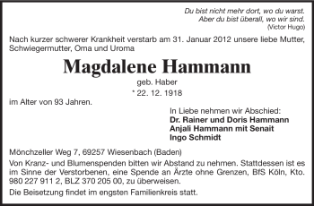 Traueranzeige von Magdalene Hammann von Echo-Zeitungen (Gesamtausgabe)