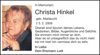 Traueranzeige von Christa Hinkel von Darmstädter Echo, Odenwälder Echo, Rüsselsheimer Echo, Groß-Gerauer-Echo, Ried Echo
