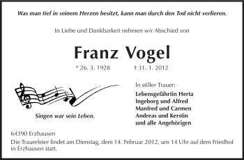 Traueranzeige von Franz Vogel von Echo-Zeitungen (Gesamtausgabe)