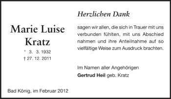 Traueranzeige von Marie Luise Kratz von Odenwälder Echo