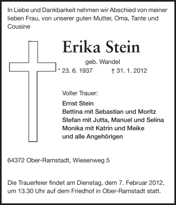 Traueranzeige von Ernst Stein von Darmstädter Echo, Odenwälder Echo, Rüsselsheimer Echo, Groß-Gerauer-Echo, Ried Echo
