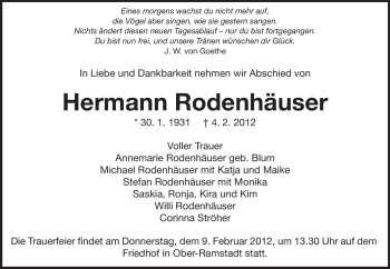 Traueranzeige von Hermann Rodenhäuser von Darmstädter Echo, Odenwälder Echo, Rüsselsheimer Echo, Groß-Gerauer-Echo, Ried Echo